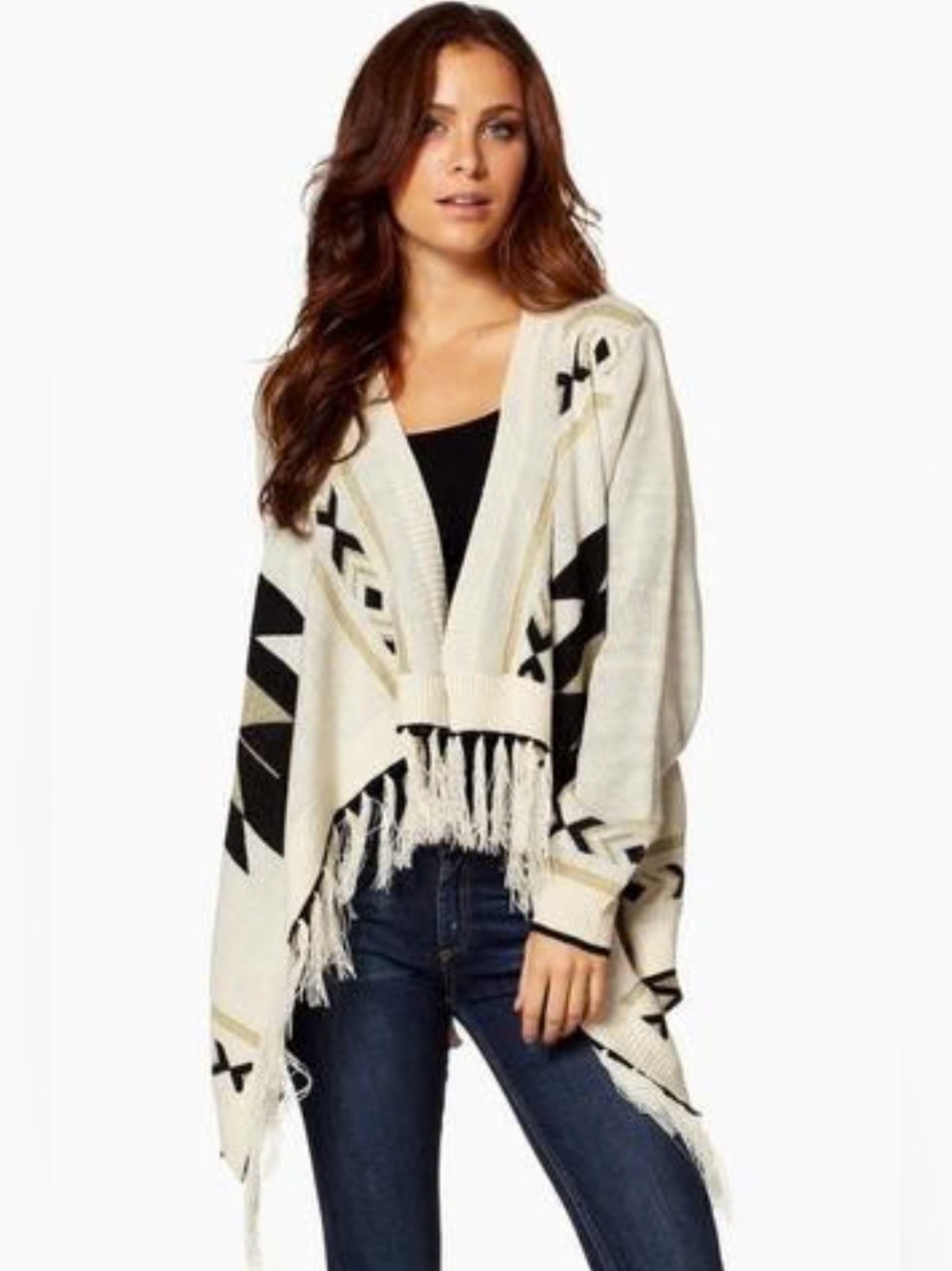 Tea n Cup Cream and Black Geometric Fringe Poncho Boho Size OSFA